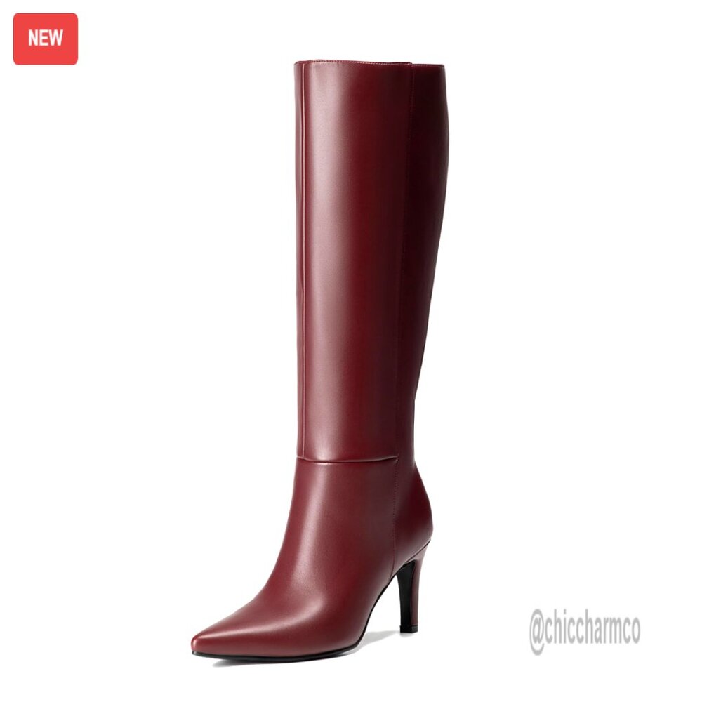 Knee High Stiletto Boots Pointed Toe Side Zipper Wide Calf Dress Shoes